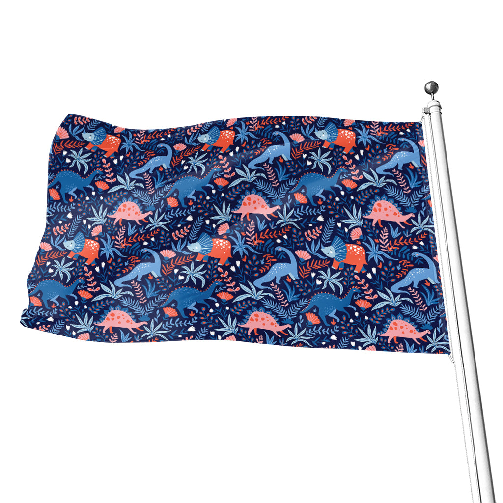 Cute Dino Leaves And Flowers Print Flag