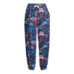 Cute Dino Leaves And Flowers Print Fleece Lined Knit Pants