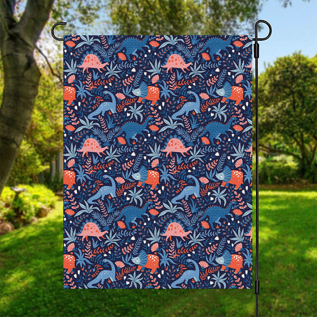 Cute Dino Leaves And Flowers Print Garden Flag