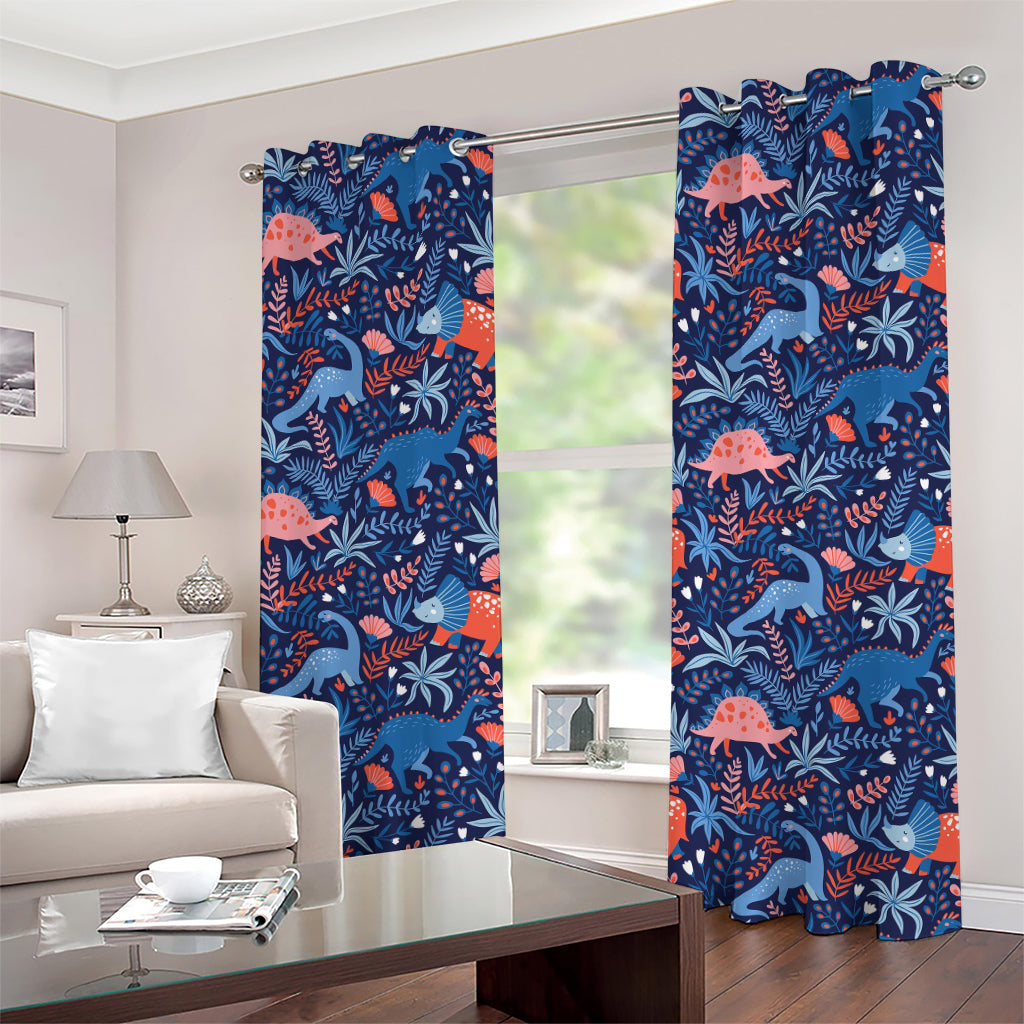 Cute Dino Leaves And Flowers Print Grommet Curtains