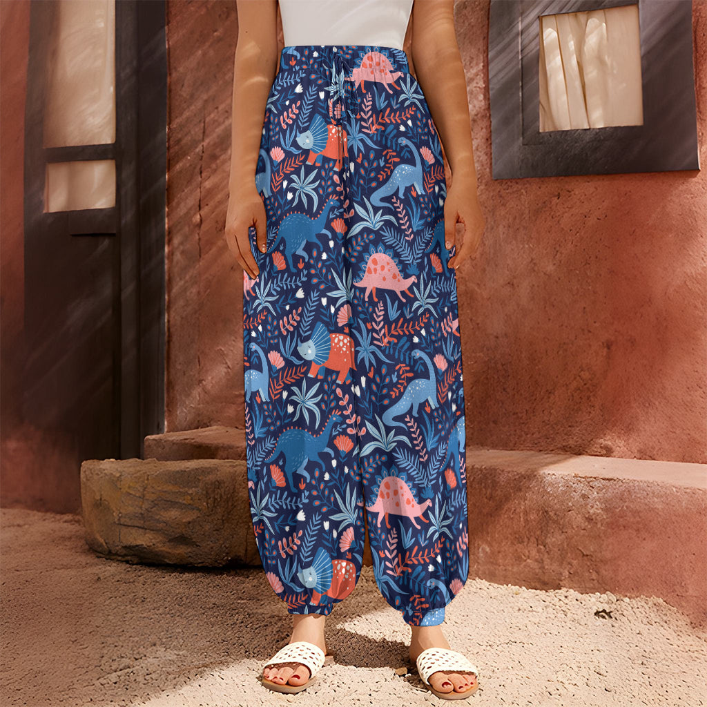 Cute Dino Leaves And Flowers Print Harem Pants