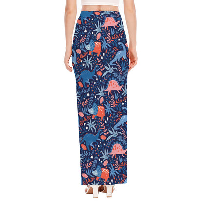 Cute Dino Leaves And Flowers Print High Slit Maxi Skirt
