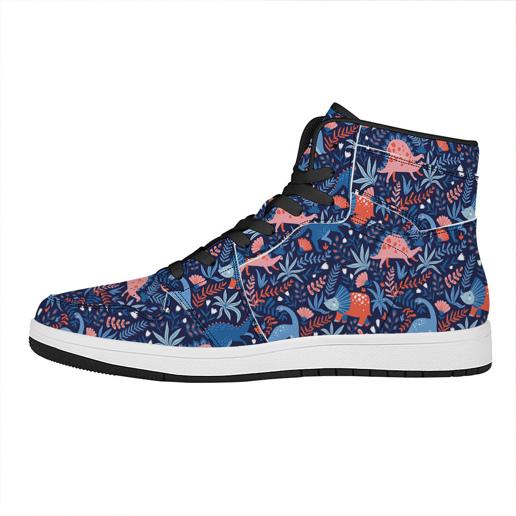 Cute Dino Leaves And Flowers Print High Top Leather Sneakers
