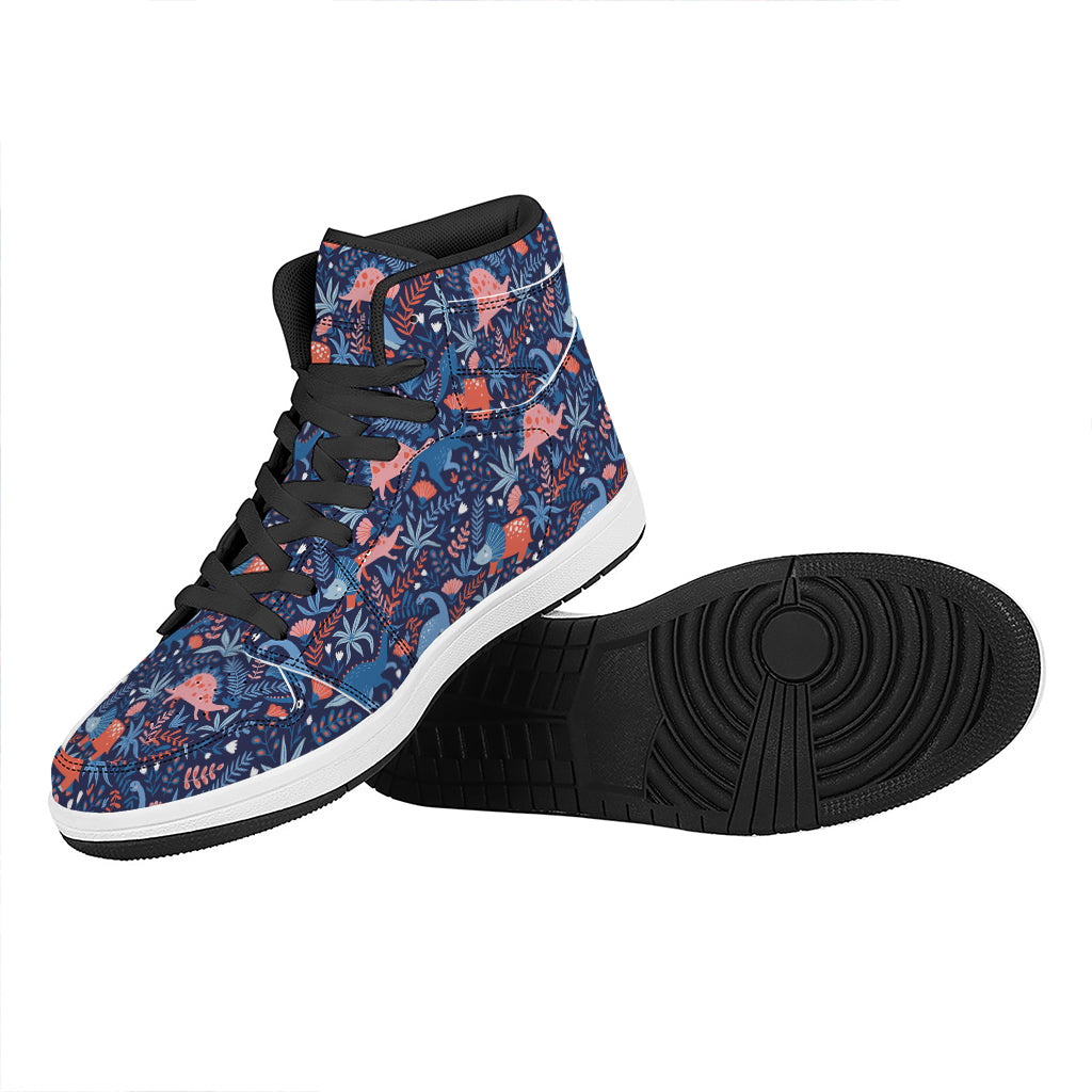 Cute Dino Leaves And Flowers Print High Top Leather Sneakers