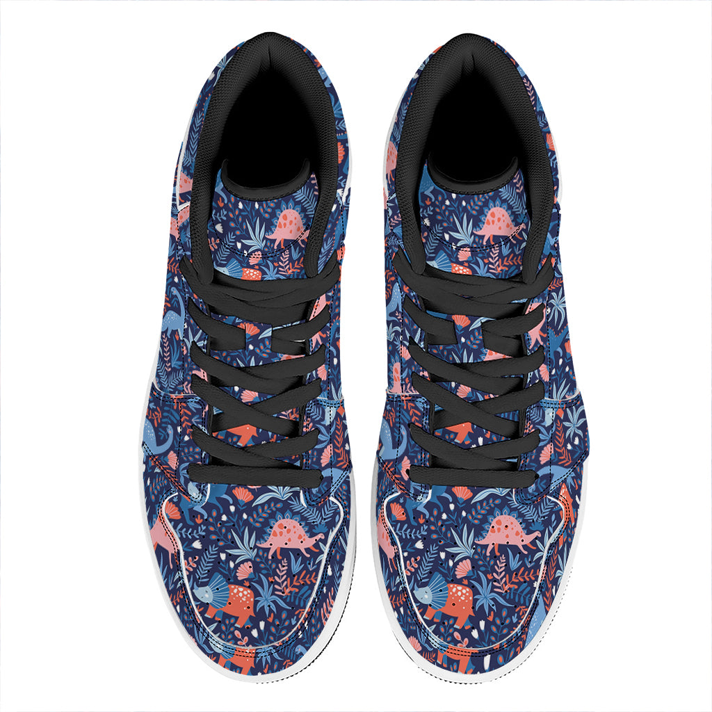 Cute Dino Leaves And Flowers Print High Top Leather Sneakers