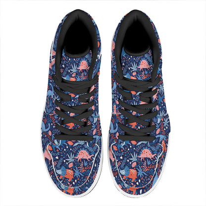 Cute Dino Leaves And Flowers Print High Top Leather Sneakers