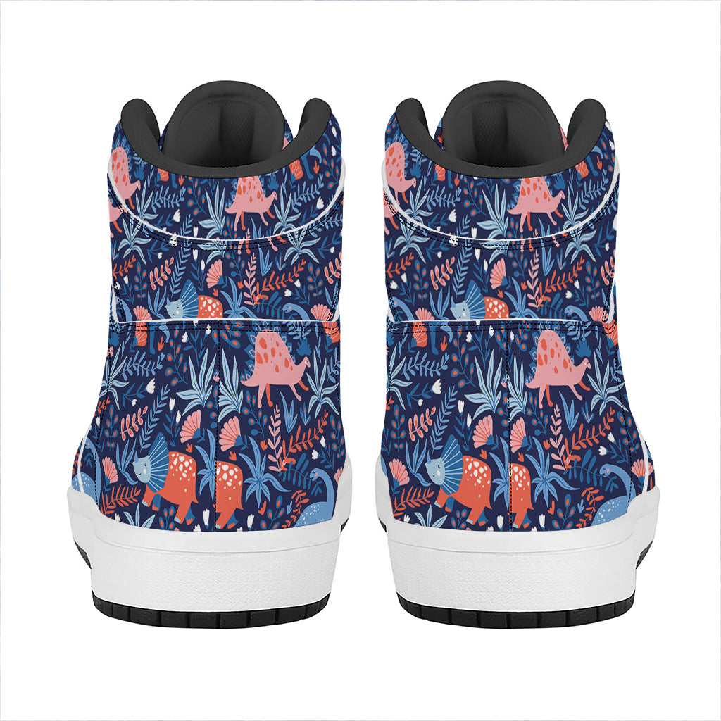 Cute Dino Leaves And Flowers Print High Top Leather Sneakers