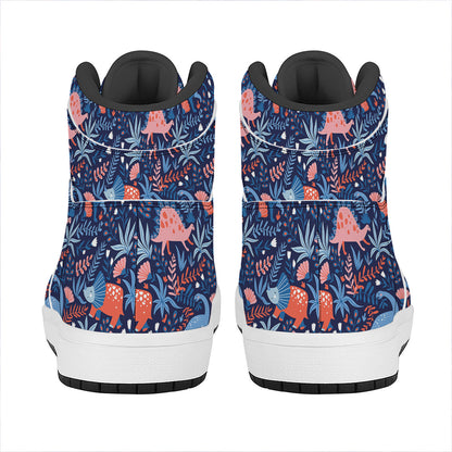 Cute Dino Leaves And Flowers Print High Top Leather Sneakers