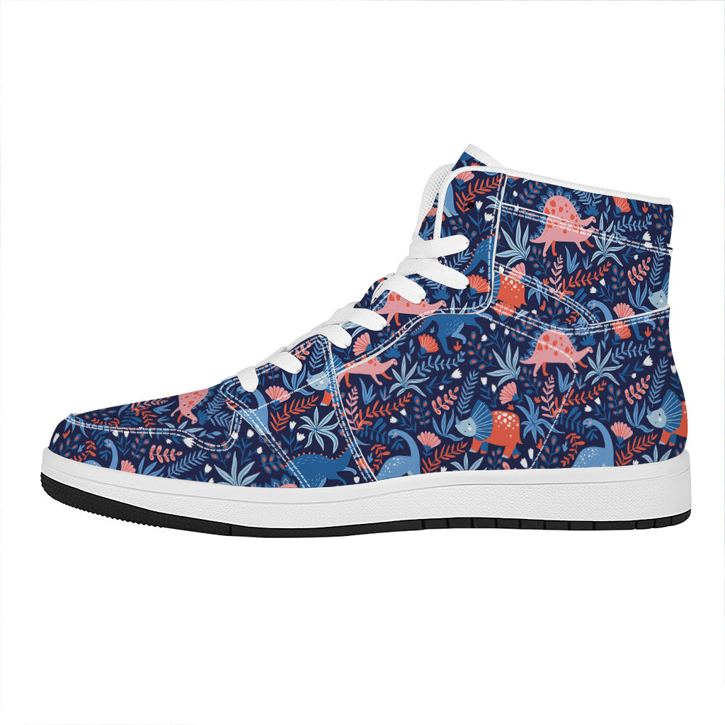 Cute Dino Leaves And Flowers Print High Top Leather Sneakers