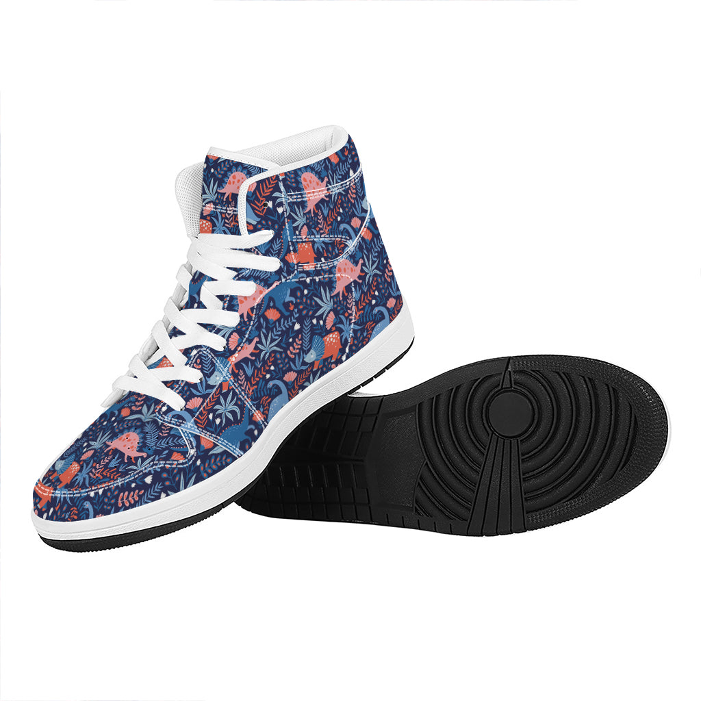 Cute Dino Leaves And Flowers Print High Top Leather Sneakers