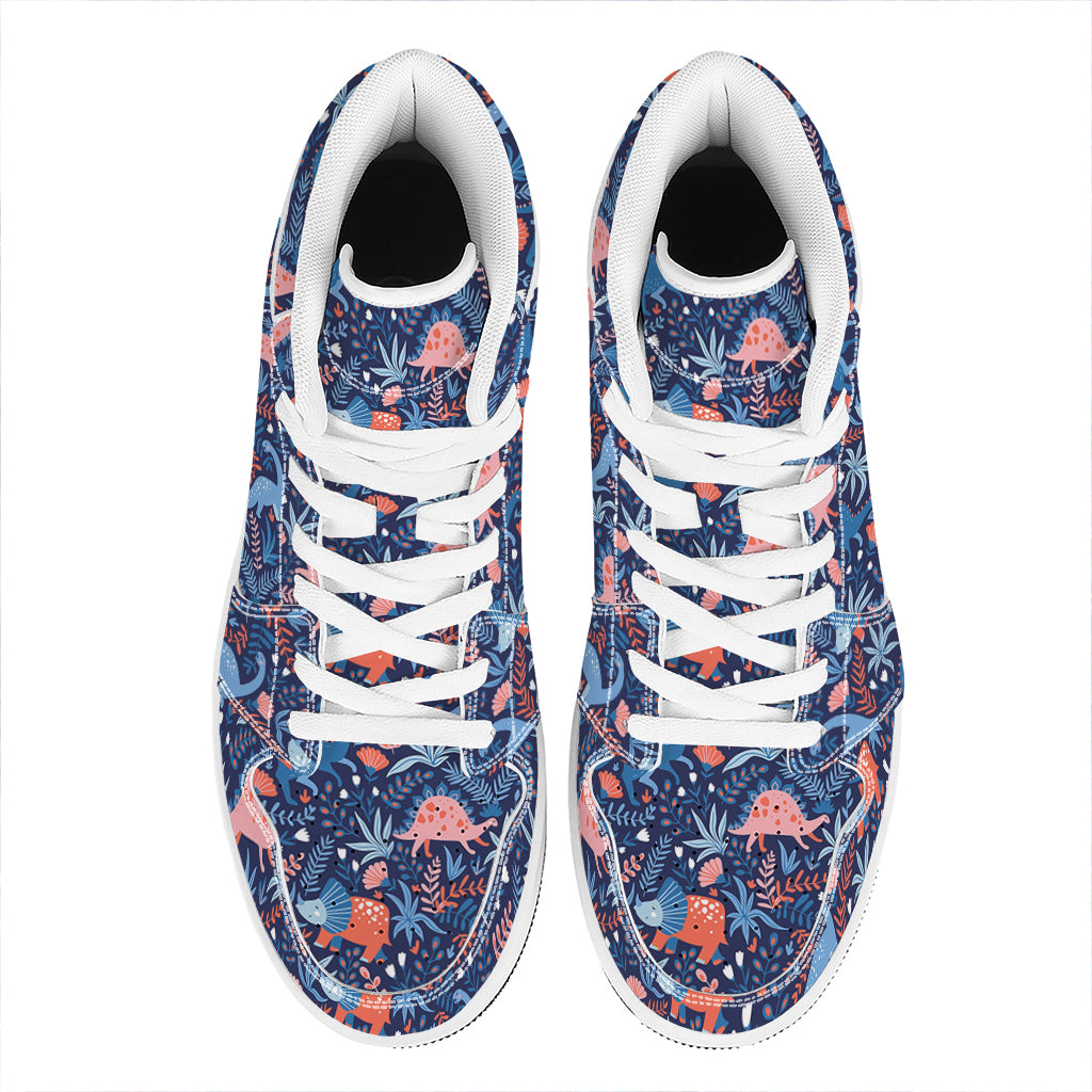 Cute Dino Leaves And Flowers Print High Top Leather Sneakers