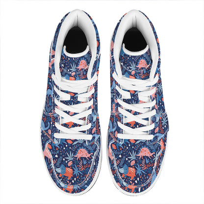 Cute Dino Leaves And Flowers Print High Top Leather Sneakers