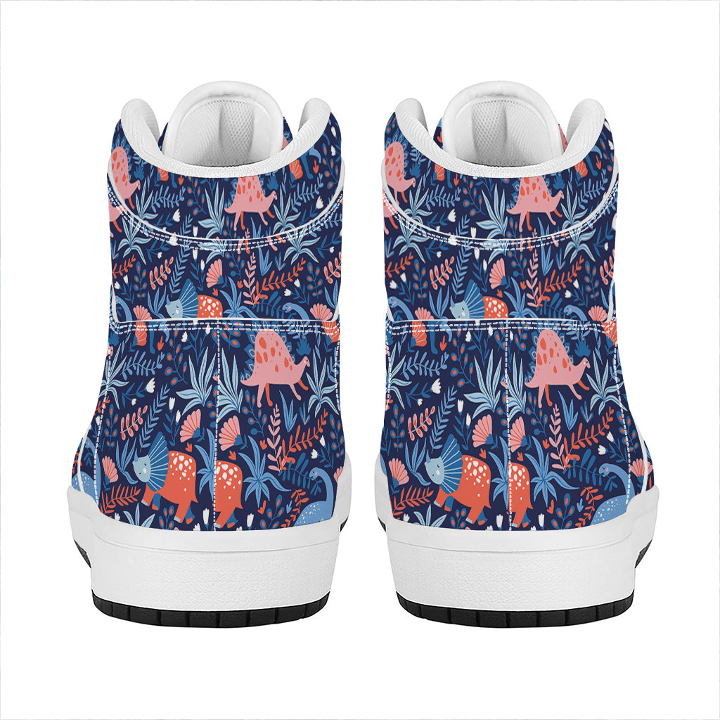 Cute Dino Leaves And Flowers Print High Top Leather Sneakers
