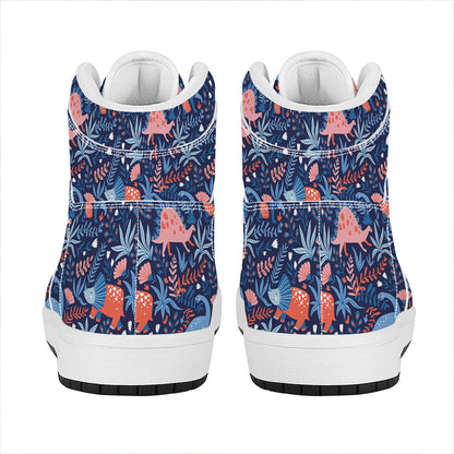 Cute Dino Leaves And Flowers Print High Top Leather Sneakers