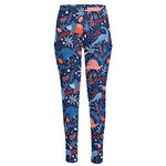 Cute Dino Leaves And Flowers Print High-Waisted Pocket Leggings