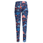 Cute Dino Leaves And Flowers Print High-Waisted Pocket Leggings