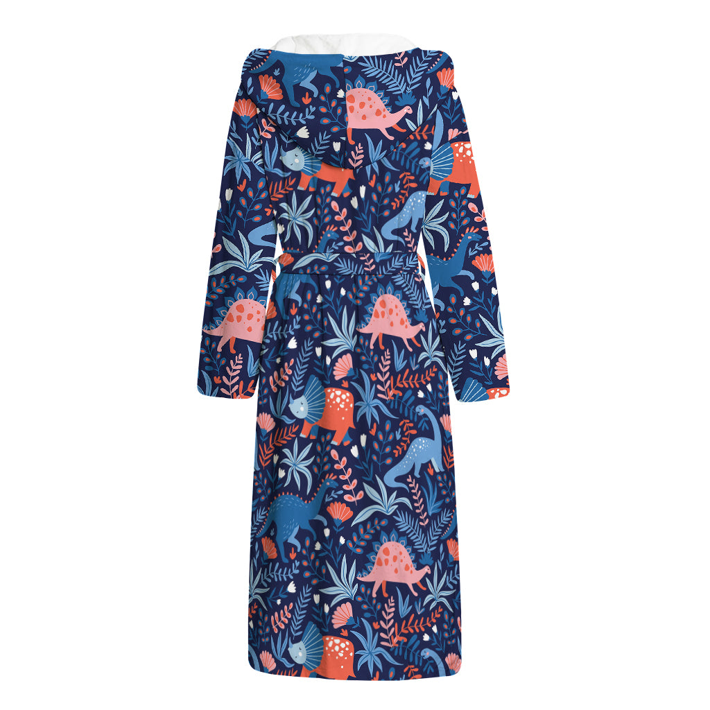 Cute Dino Leaves And Flowers Print Hooded Bathrobe
