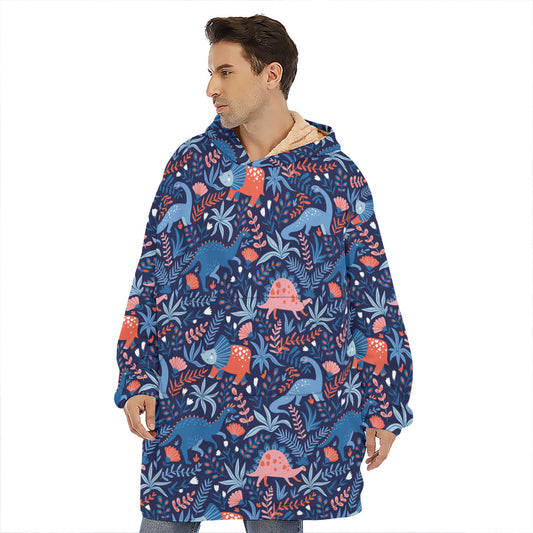 Cute Dino Leaves And Flowers Print Hoodie Blanket