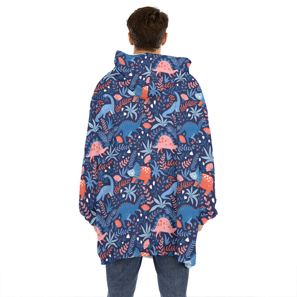 Cute Dino Leaves And Flowers Print Hoodie Blanket