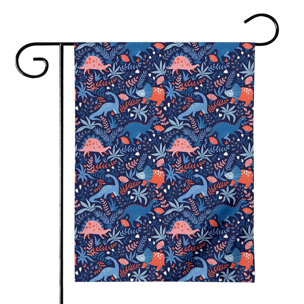 Cute Dino Leaves And Flowers Print House Flag