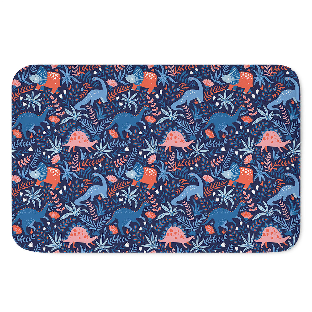 Cute Dino Leaves And Flowers Print Indoor Door Mat