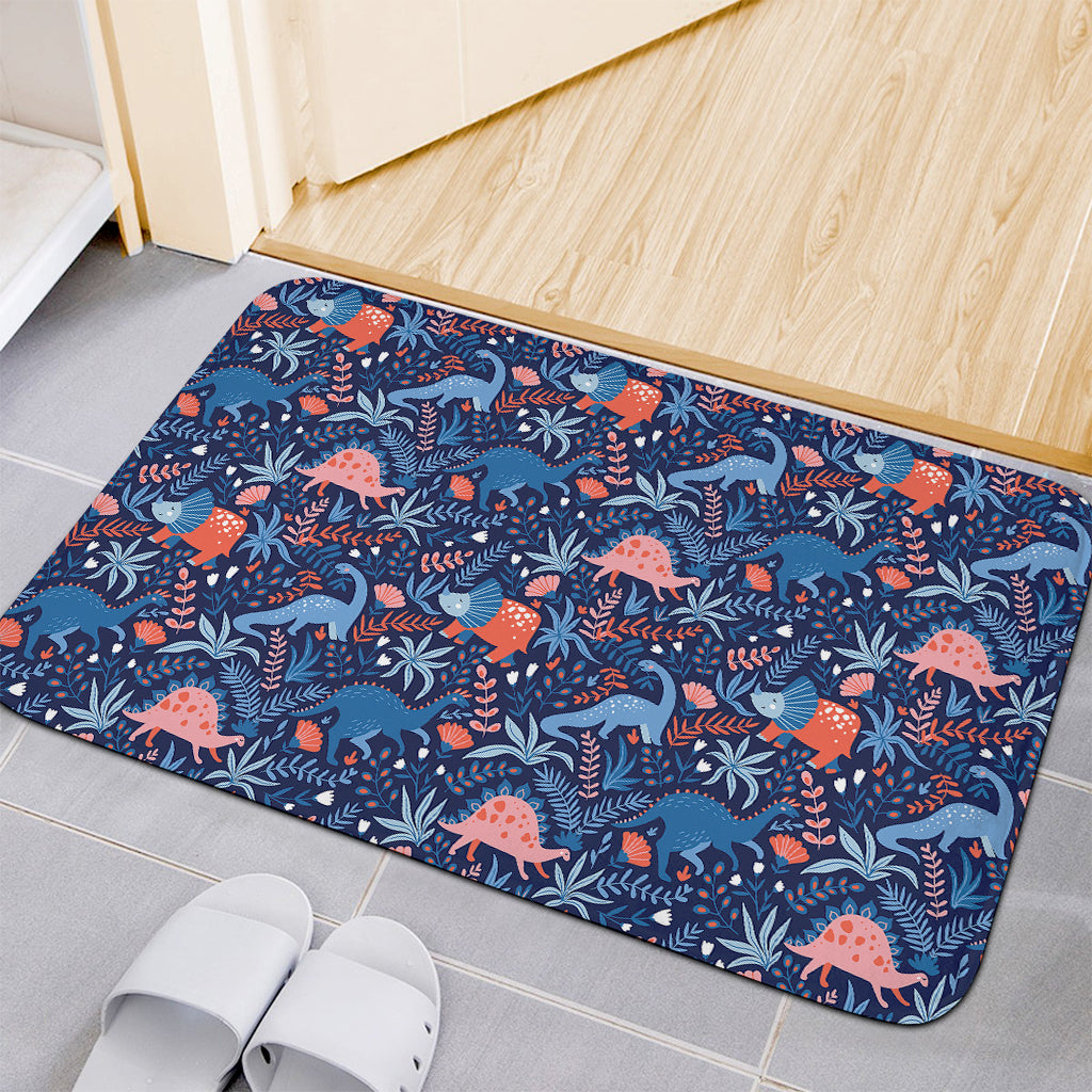 Cute Dino Leaves And Flowers Print Indoor Door Mat