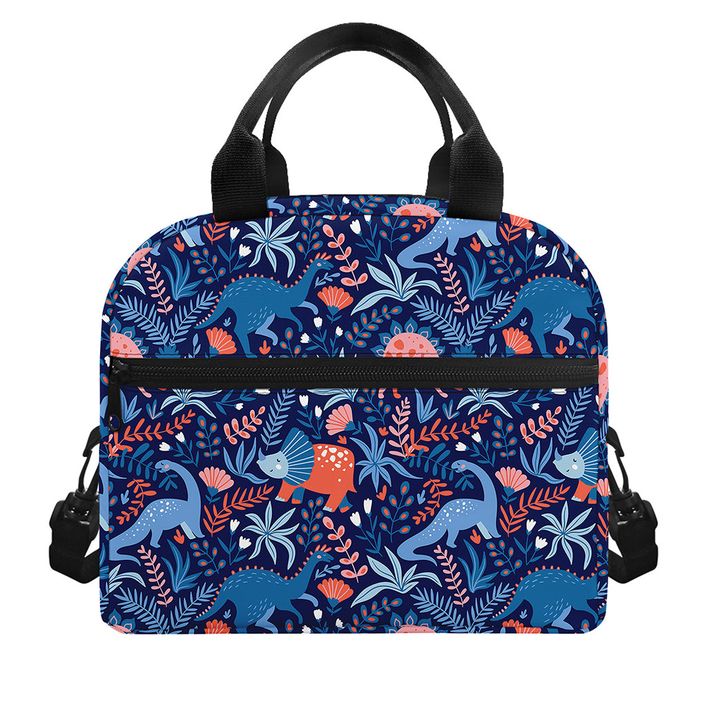 Cute Dino Leaves And Flowers Print Insulated Lunch Bag