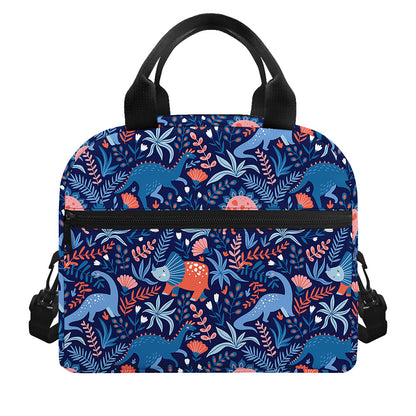 Cute Dino Leaves And Flowers Print Insulated Lunch Bag