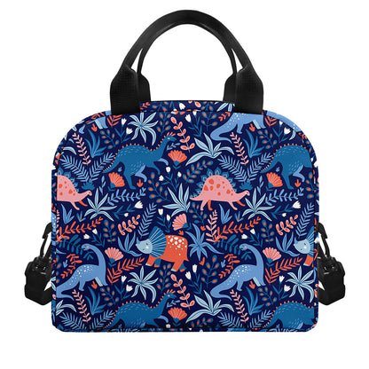 Cute Dino Leaves And Flowers Print Insulated Lunch Bag