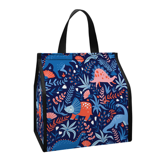 Cute Dino Leaves And Flowers Print Insulated Lunch Tote
