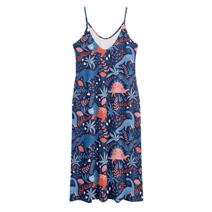 Cute Dino Leaves And Flowers Print Jersey Midi Cami Dress