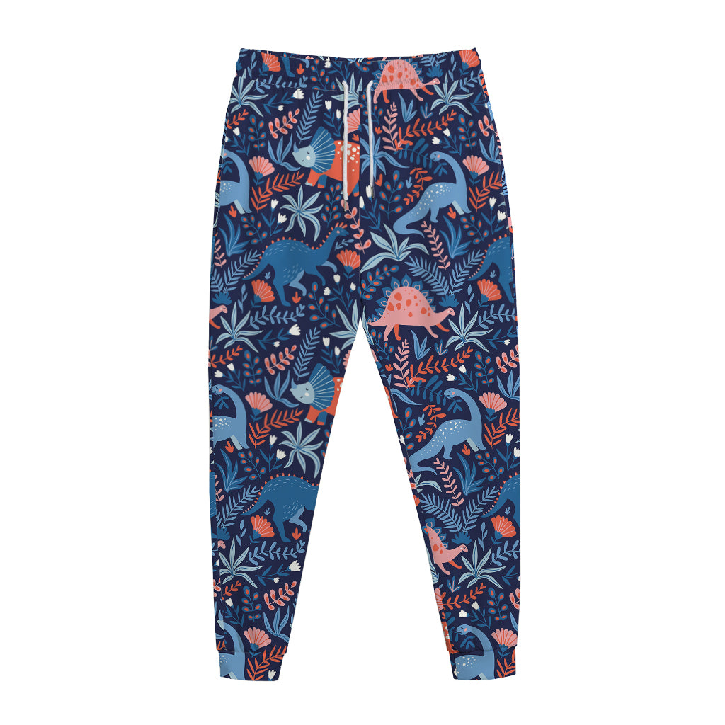 Cute Dino Leaves And Flowers Print Jogger Pants
