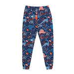 Cute Dino Leaves And Flowers Print Jogger Pants