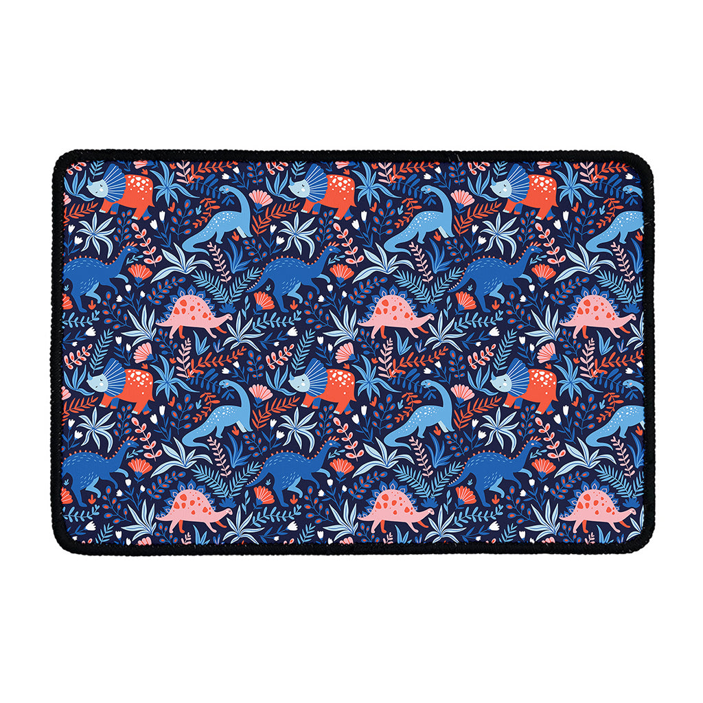 Cute Dino Leaves And Flowers Print Kitchen Mat