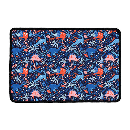 Cute Dino Leaves And Flowers Print Kitchen Mat