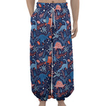 Cute Dino Leaves And Flowers Print Lantern Pants