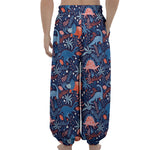 Cute Dino Leaves And Flowers Print Lantern Pants