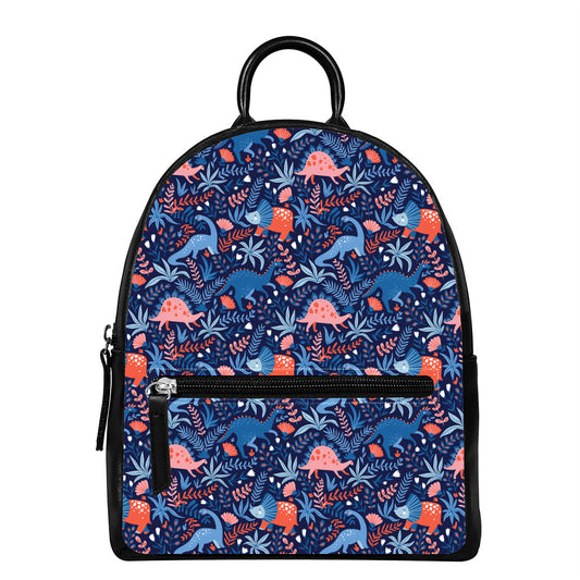 Cute Dino Leaves And Flowers Print Leather Backpack