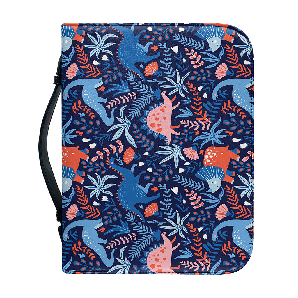 Cute Dino Leaves And Flowers Print Leather Bible Cover