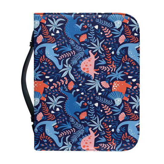 Cute Dino Leaves And Flowers Print Leather Bible Cover