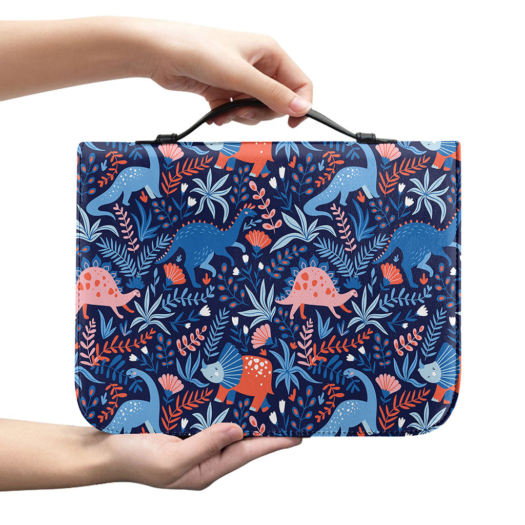 Cute Dino Leaves And Flowers Print Leather Bible Cover