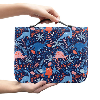 Cute Dino Leaves And Flowers Print Leather Bible Cover