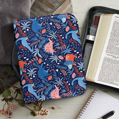 Cute Dino Leaves And Flowers Print Leather Bible Cover