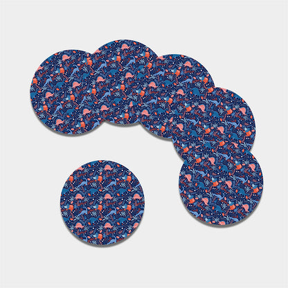 Cute Dino Leaves And Flowers Print Leather Coaster Set