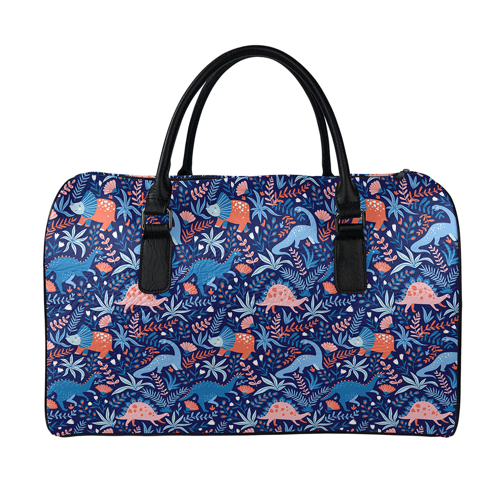 Cute Dino Leaves And Flowers Print Leather Duffle Bag