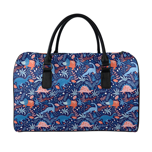 Cute Dino Leaves And Flowers Print Leather Duffle Bag