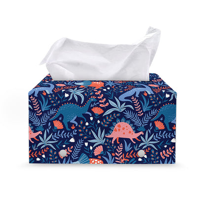 Cute Dino Leaves And Flowers Print Leather Tissue Box Cover