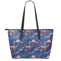 Cute Dino Leaves And Flowers Print Leather Tote Bag With Zipper