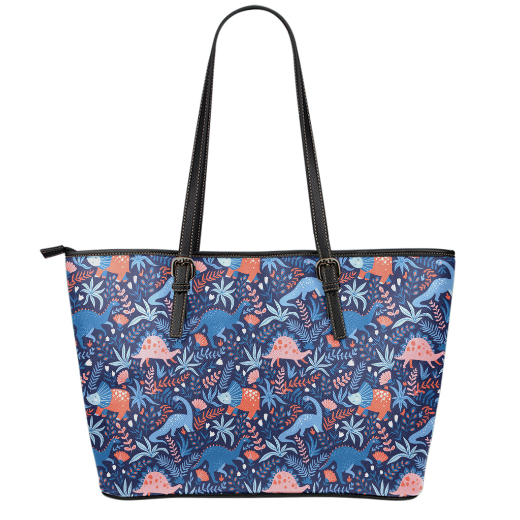 Cute Dino Leaves And Flowers Print Leather Tote Bag