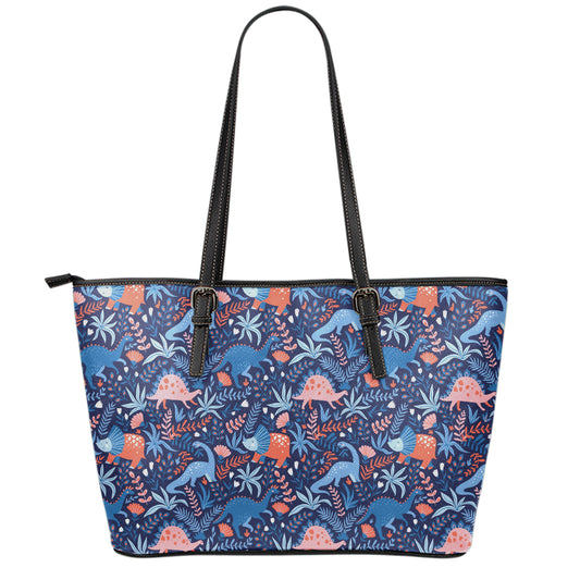 Cute Dino Leaves And Flowers Print Leather Tote Bag
